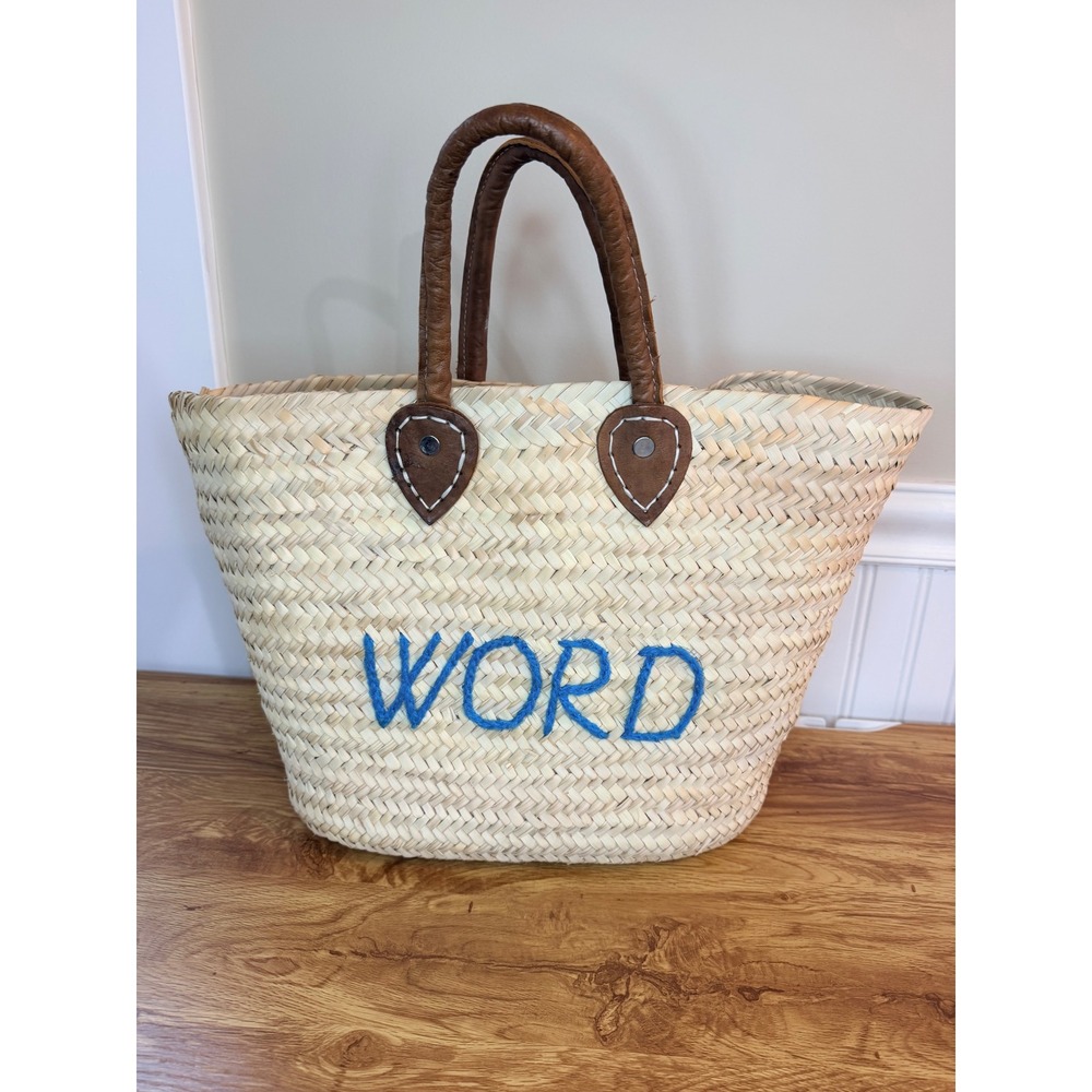 Poolside Medium Beach Tote Straw Basket Bag Embroidered Word Blue Tan Medium